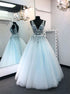 A Line Blue V Neck Tulle Appliques Open Back Prom Dress LBQ4076